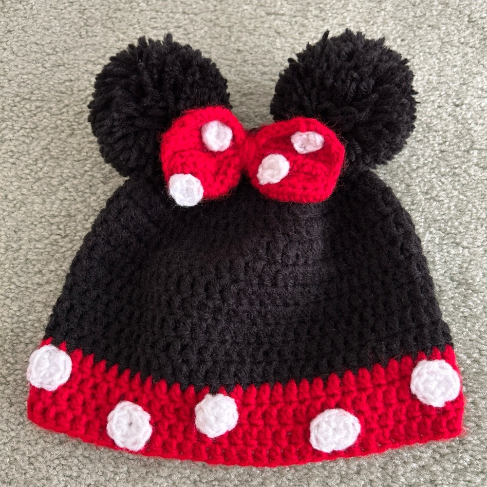 Hand made Knitted Minnie Mouse Beanie with Poms and polka dots one of a kind